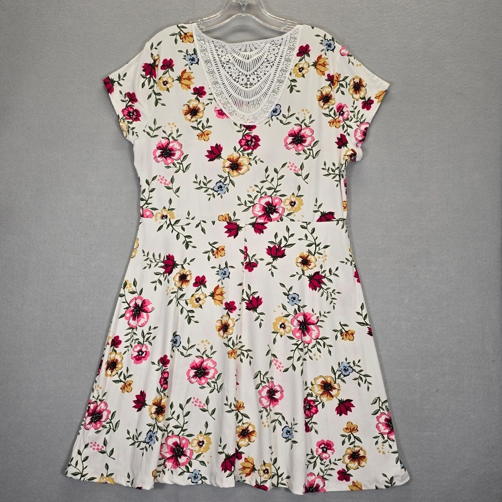 Bobbie Brooks  Ivory White Pink Floral Lace-Back Short Sleeve Shift Dress Size L
